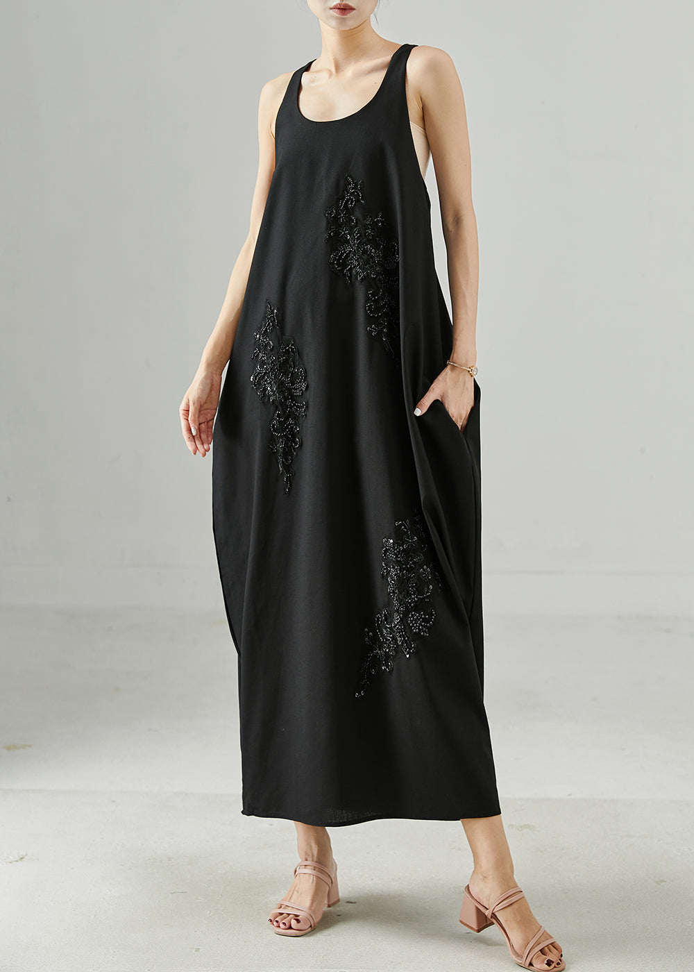Black Sequins Nail Bead Cotton Cami Dresses Summer
