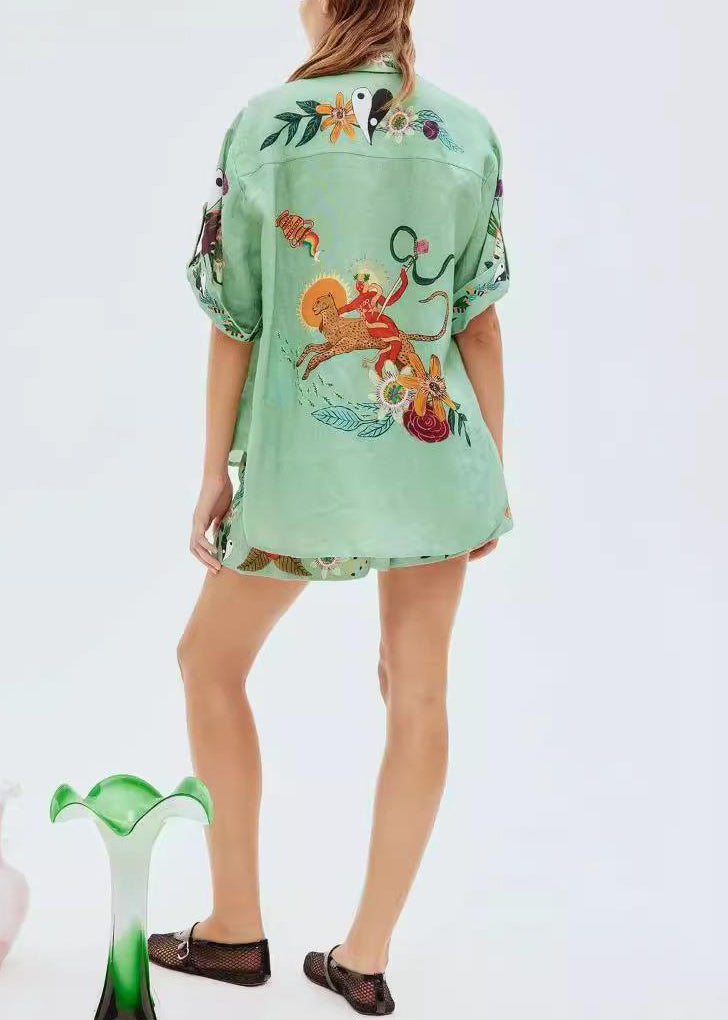 Green Print Elastic Waist Shirts and Shorts Linen Two Piece Set Summer