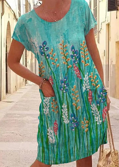 White O Neck Print Pockets Loose Cotton Dress Summer