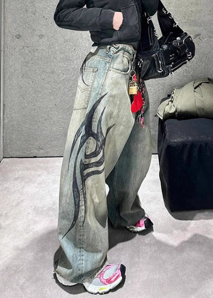 Modern Print Pockets High Waist Denim Wide Leg Pants Spring