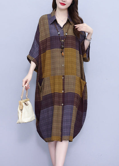 Peter Pan Collar Plaid Long Shirt Dress Summer