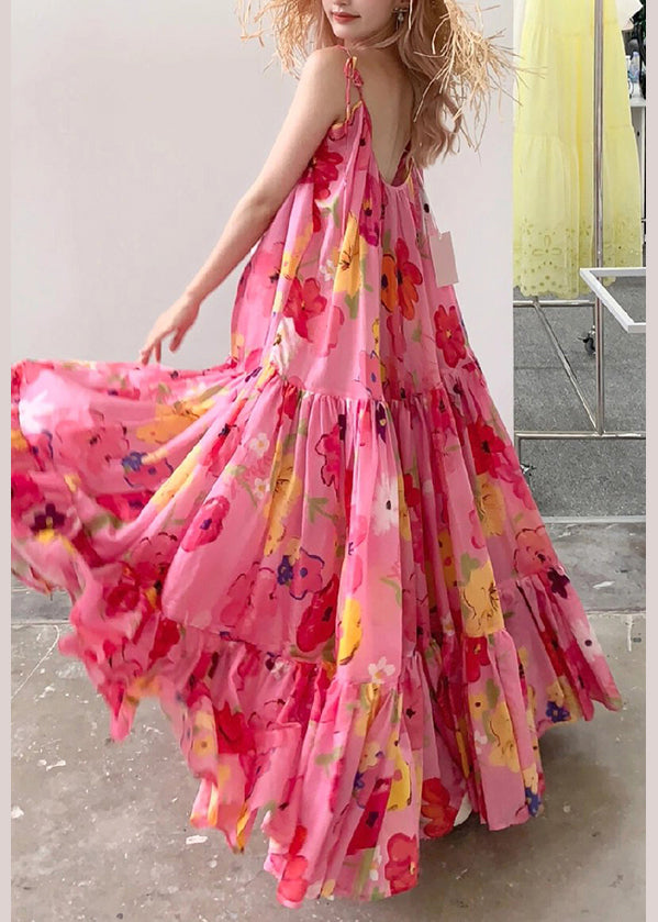 Pink Print Wrinkled Patchwork Strap Dress Summer