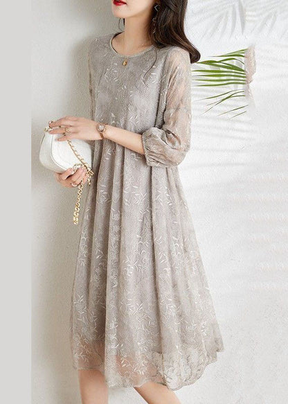 Light Grey Cinched Embroidered Chiffon Vacation Dresses Three Quarter Sleeve
