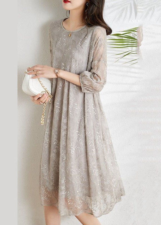 Light Grey Cinched Embroidered Chiffon Vacation Dresses Three Quarter Sleeve