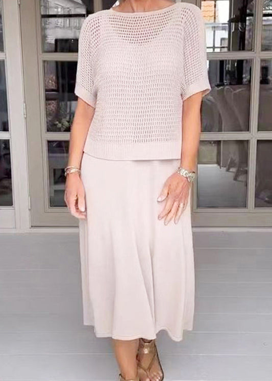 Apricot Knit Top and Spaghetti Strap Dress Two-piece Set Summer
