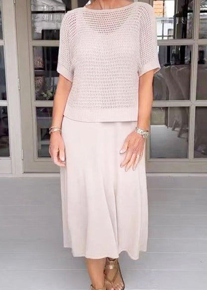 Apricot Knit Top and Spaghetti Strap Dress Two-piece Set Summer