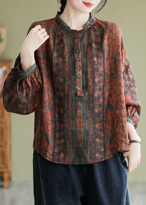 Orange Stand Collar Print Button Linen Shirts Long Sleeve