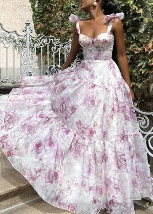 Blue Cold Shoulder Print Patchwork Organza Maxi Dresses Summer