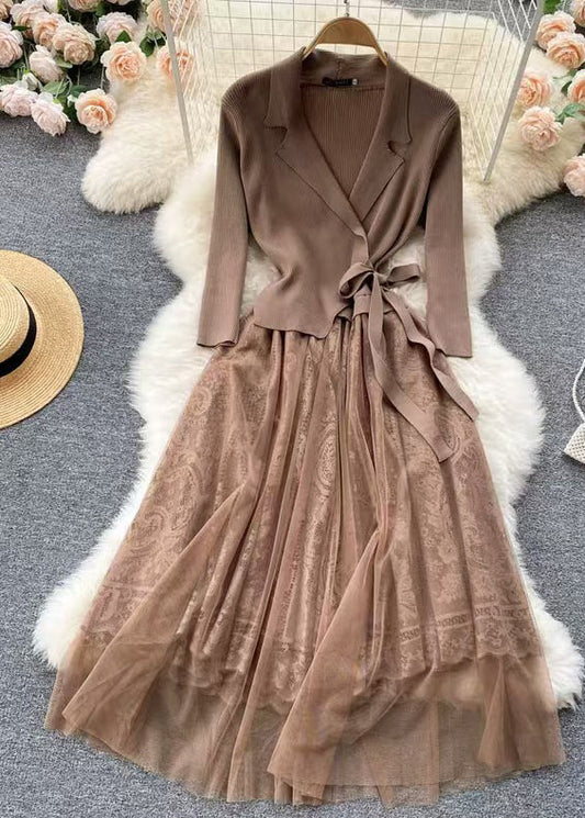 Camel Lace Up Tulle Patchwork Knit Dresses Fall