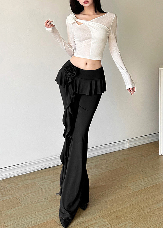 Stylish Khaki Flower Ribbon Patchwork Straight Leg Pants Summer