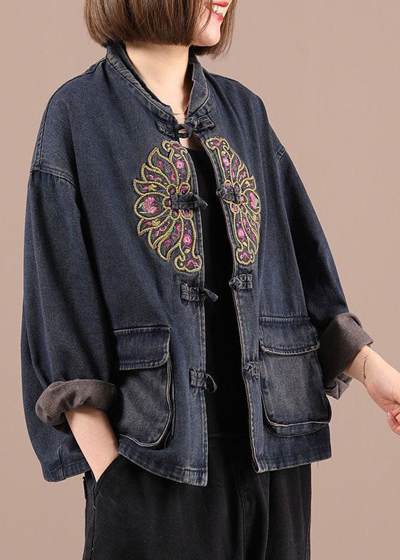 Black Button Embroidered Pockets Fall Denim Jackets
