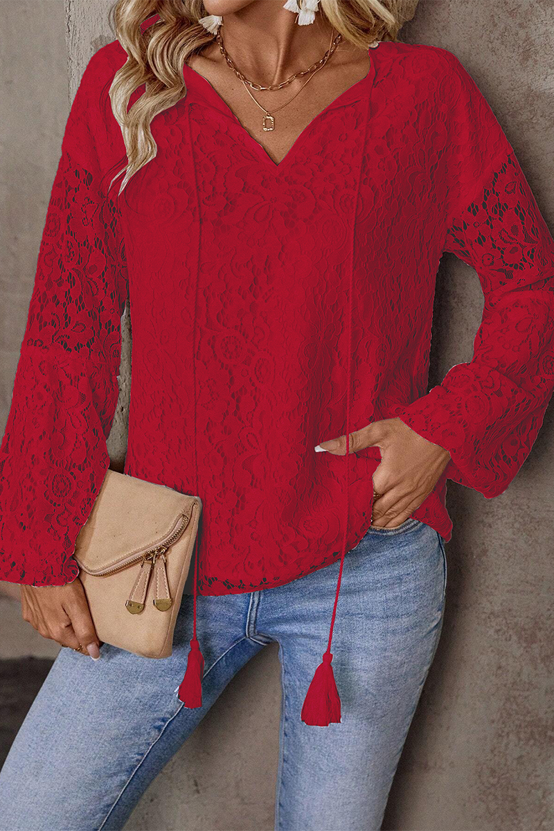 Color Lace Fringed Trim Hollow Out V Neck Tops(4 Colors)