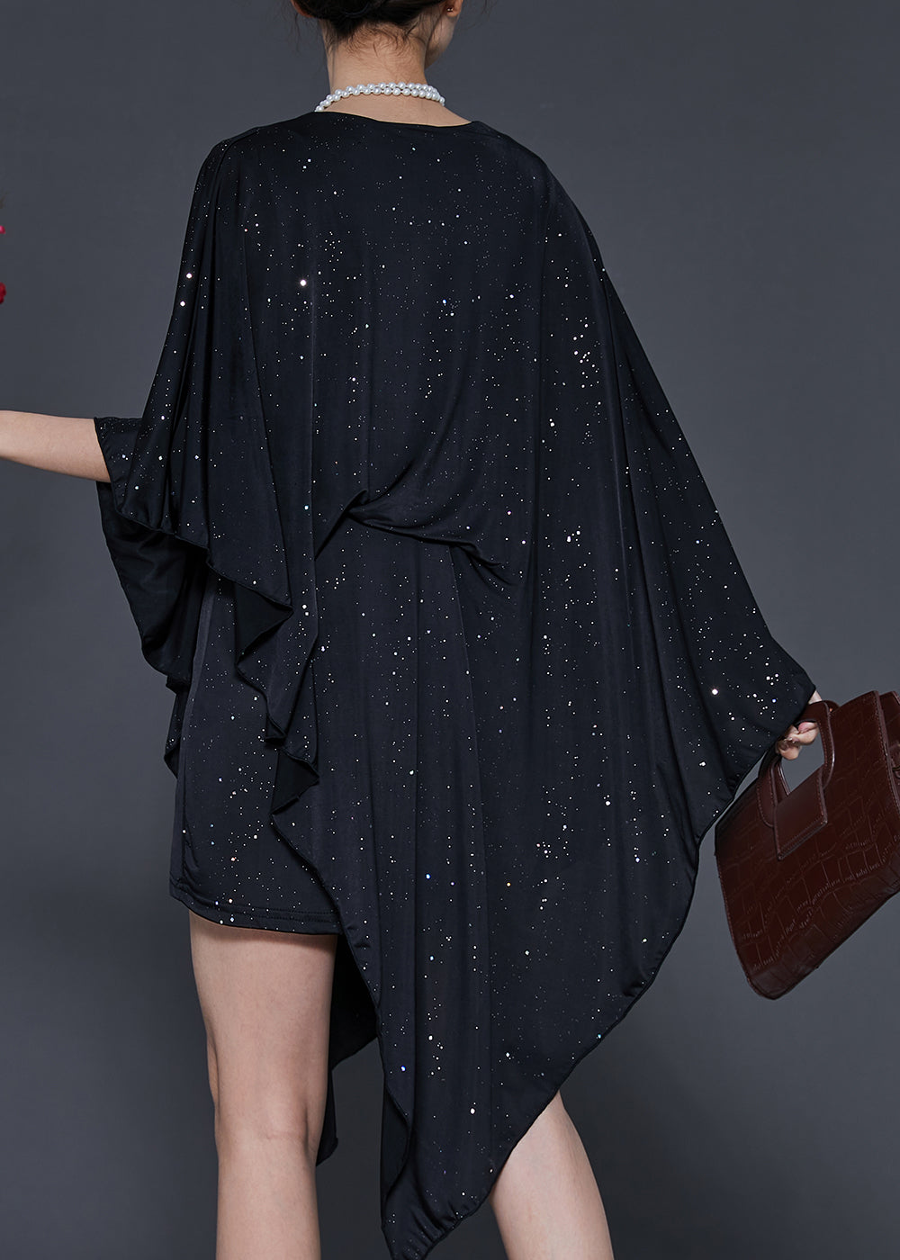 Black Sequins Asymmetrical Design Silk Dress Summer
