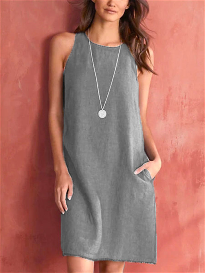 Color Sleeveless Cotton Linen Round Neck Loose Waist Pocket Tassel Undershirt Urban Style A-line Dress