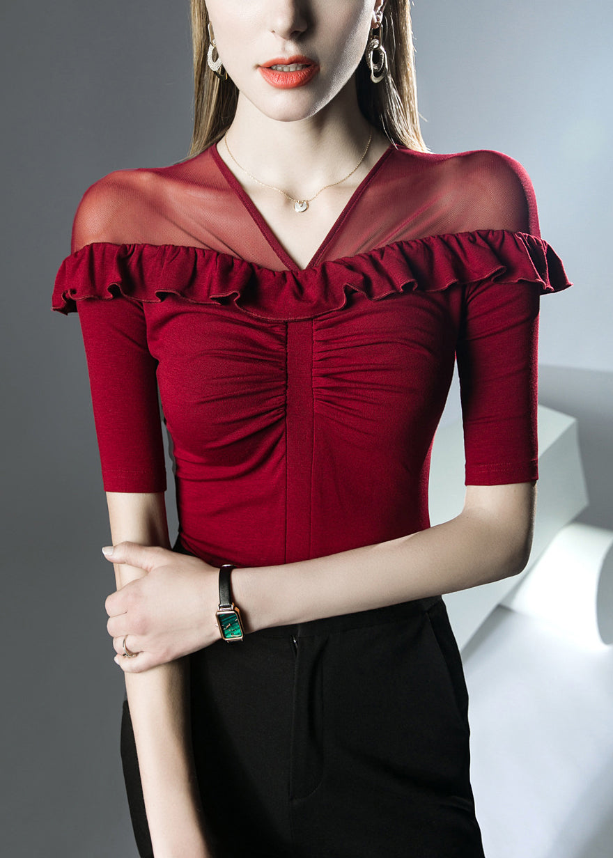 Red Patchwork Cotton T Shirts V Neck Summer