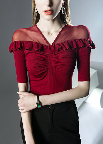 Red Patchwork Cotton T Shirts V Neck Summer