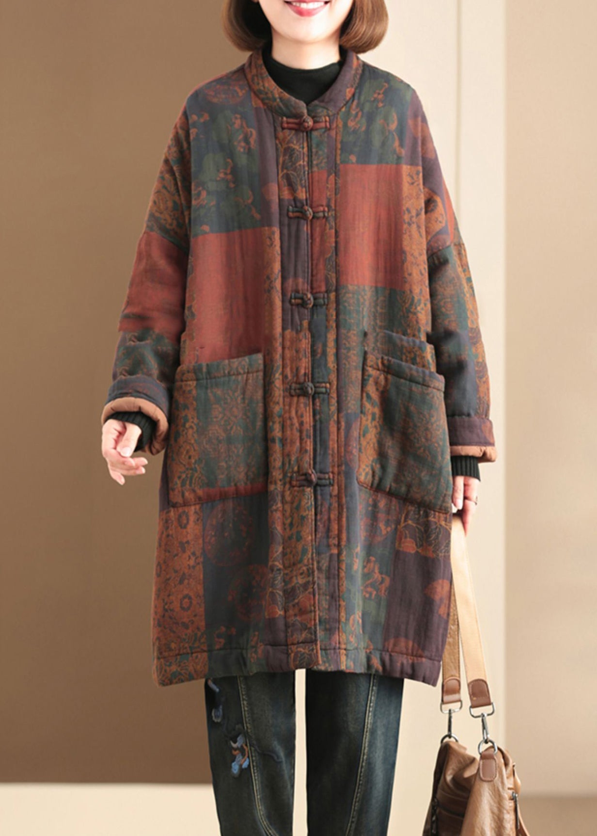 Navy Pockets Print Fine Cotton Filled Witner Coats