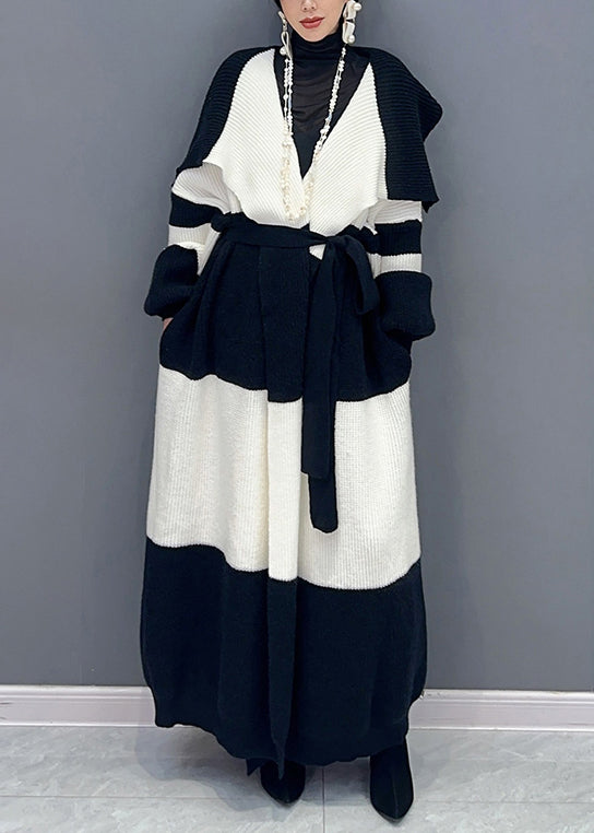 Loose White Tie Waist Pockets Patchwork Cotton Knit Long Trench Coat Spring