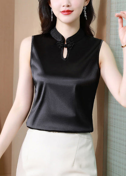Black Button Stand Collar Silk Vest Summer