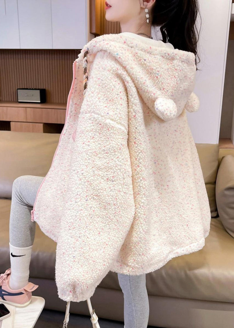 White Zippered Patchwork Pockets Warm Fleece Faux Fur Hooded Parkas Winter