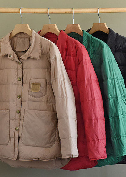 Khaki Button Loose Low High Design Winter Down Coats