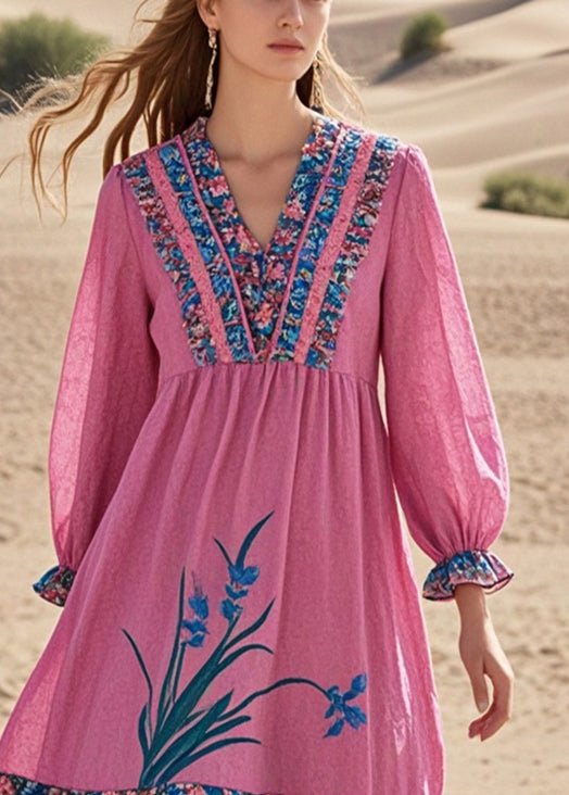 Pink Ruffled Patchwork Cotton Tea Dress Fall
