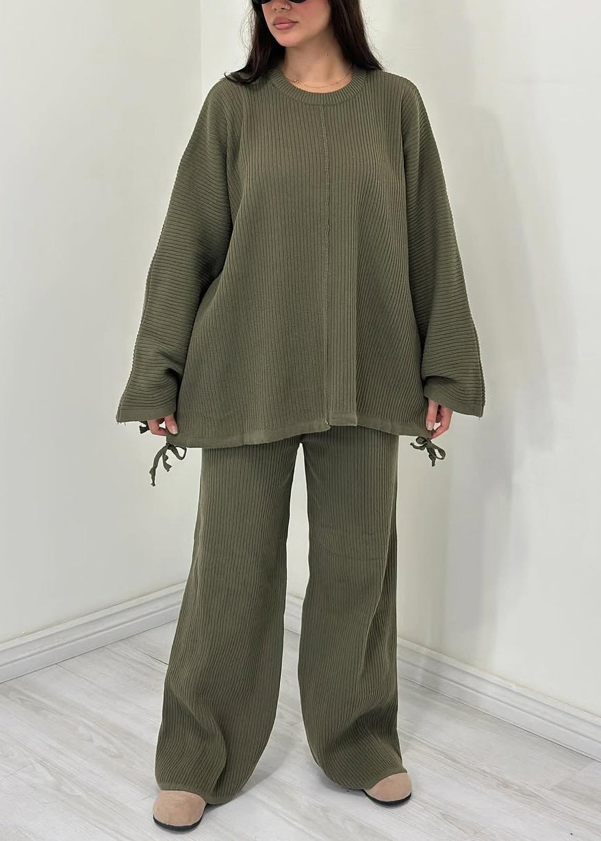 Green O Neck Tops and Pants Cotton Two Pieces Set Fall