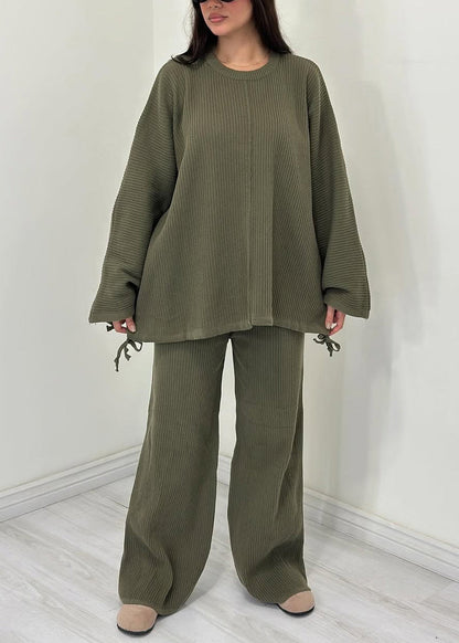 Green O Neck Tops and Pants Cotton Two Pieces Set Fall