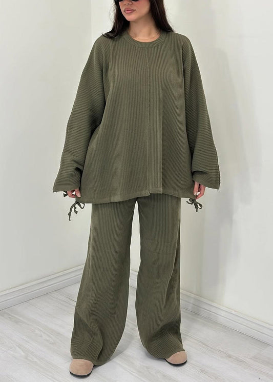 Green O Neck Tops and Pants Cotton Two Pieces Set Fall
