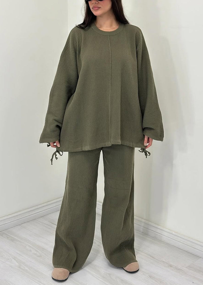 Green O Neck Tops and Pants Cotton Two Pieces Set Fall