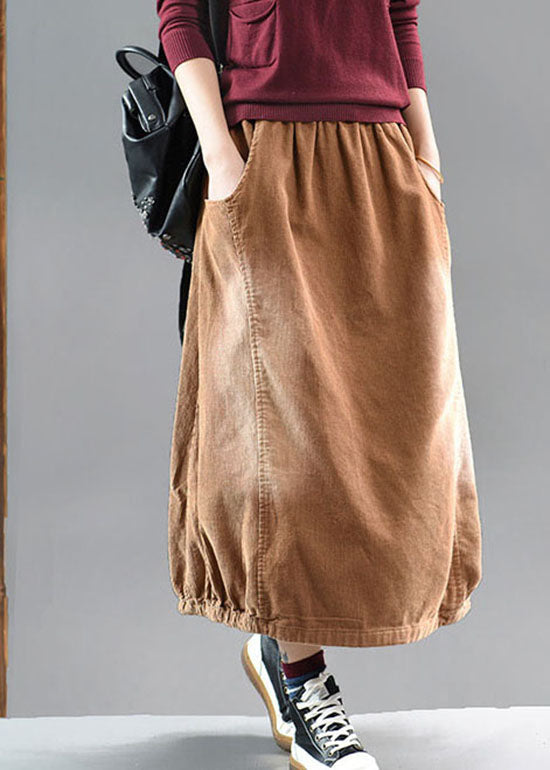 Brown Elastic Waist Corduroy Cotton Skirt Spring