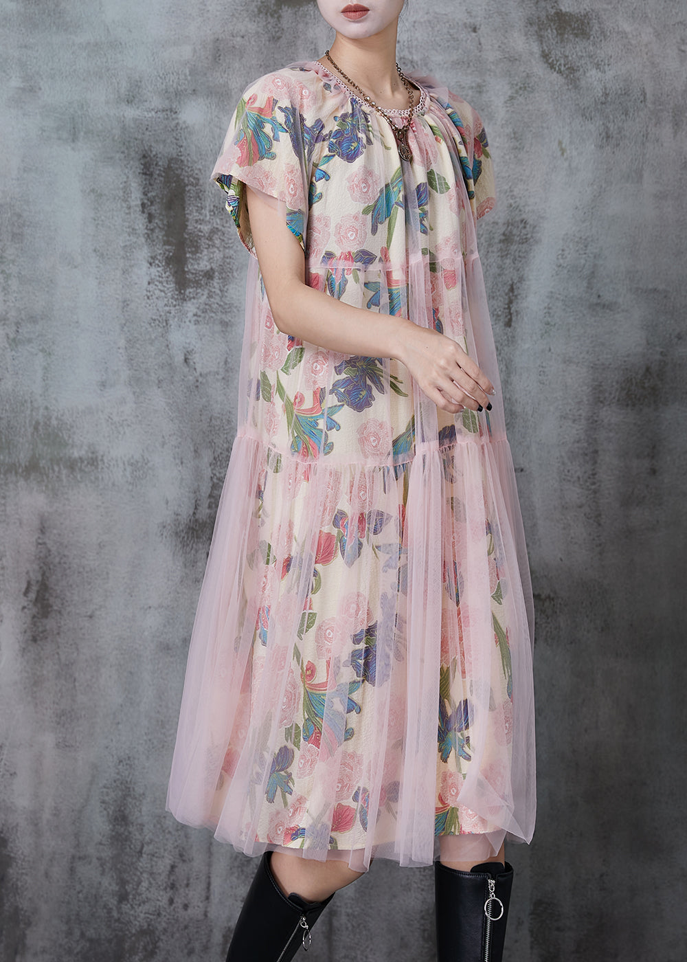 Apricot Print Tulle Work Dress Summer