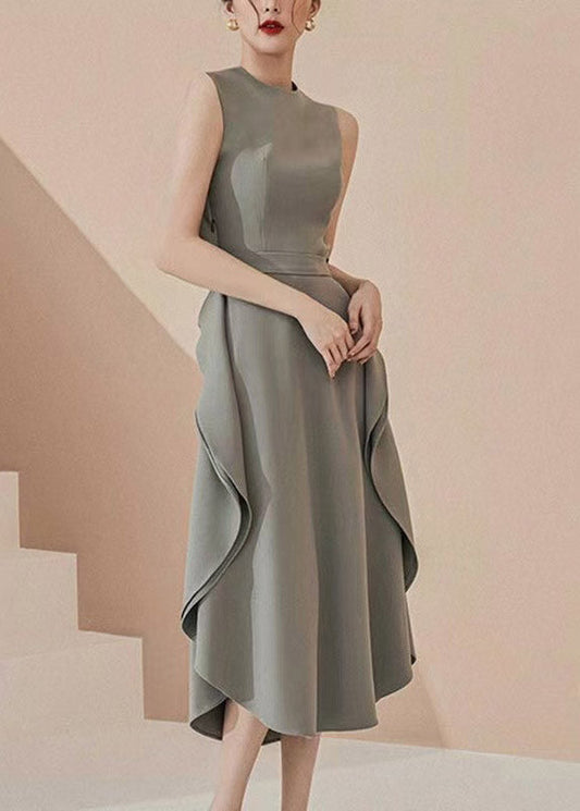 Natural Grey Green O-neck Ruffled Patchwork Long Dresses Summer