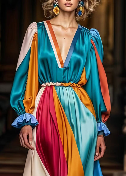 Peacock Green V Neck Patchwork Silk Vacation Dresses Spring