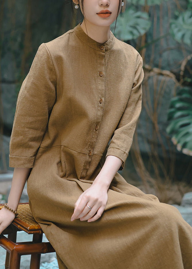 Chinese Style Brown Stand Collar Button Linen Dresses Bracelet Sleeve