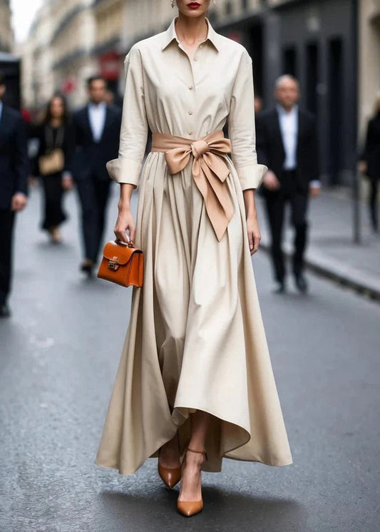 Beige Peter Pan Collar Lace Up Cotton Dress Fall