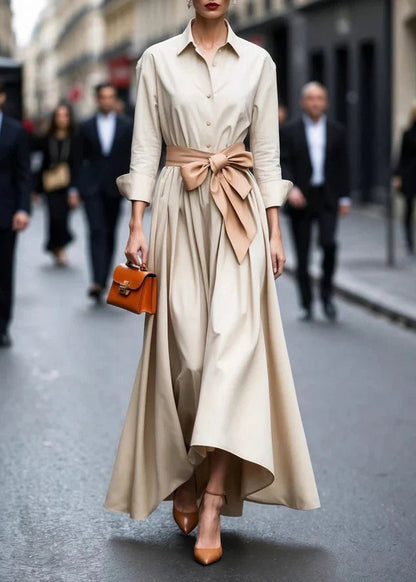 Beige Peter Pan Collar Lace Up Cotton Dress Fall