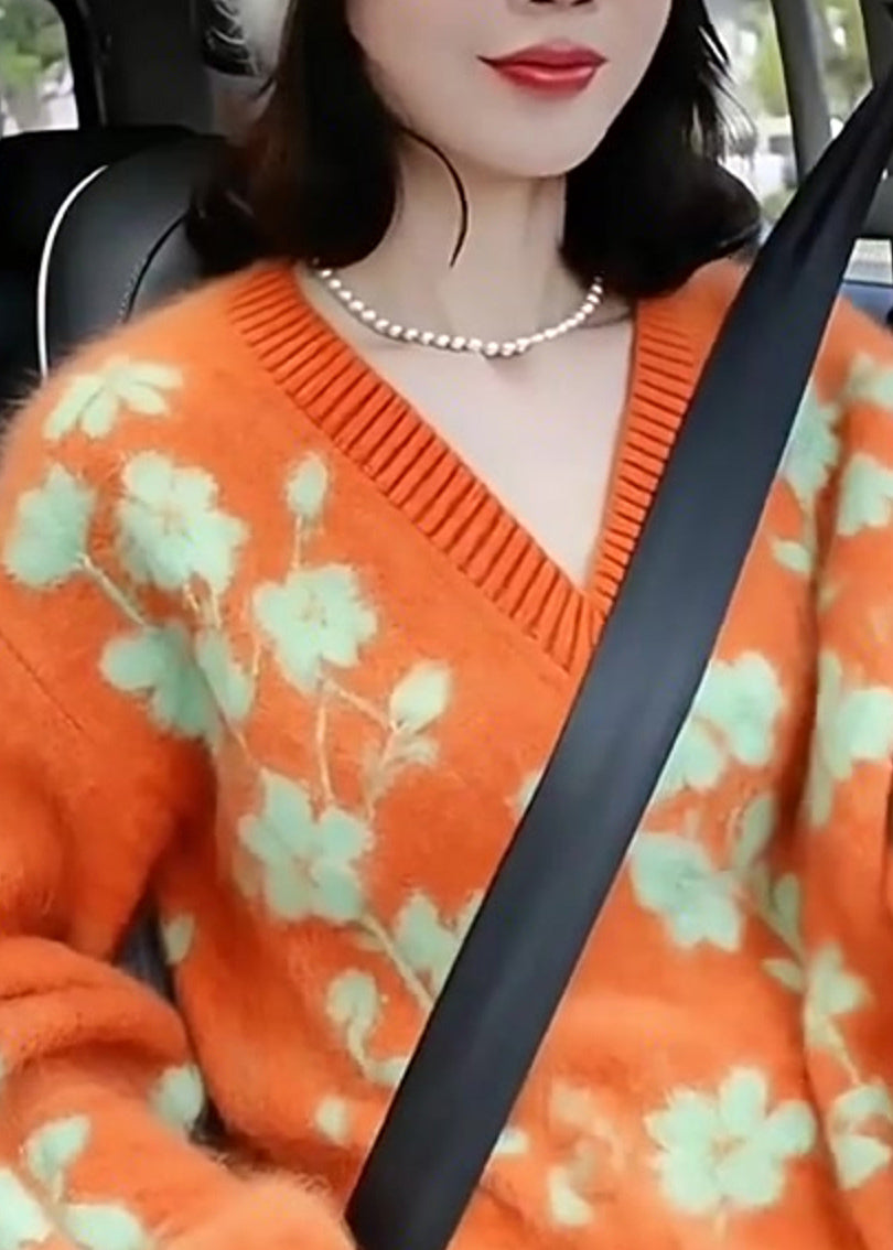 Orange V Neck Jacquard Knitted Short Sweater Winter