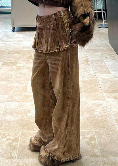 Retro Photo Color Zippered High Waist Patchwork Denim Pants Spring