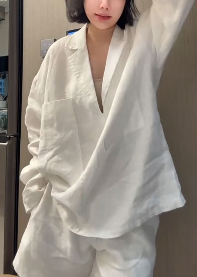 Loose White Peter Pan Collar Shirts and Shorts Linen Two Piece Set Summer