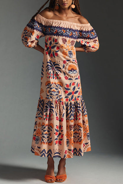 Island Lover Printed Off the Shoulder Pocketed Flowy Midi Dress