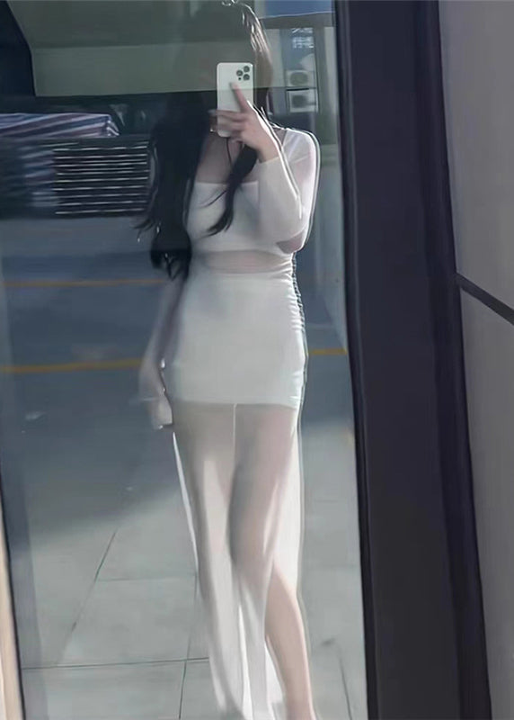White Hollow Tulle Long Sleeved Dress Set for Summer