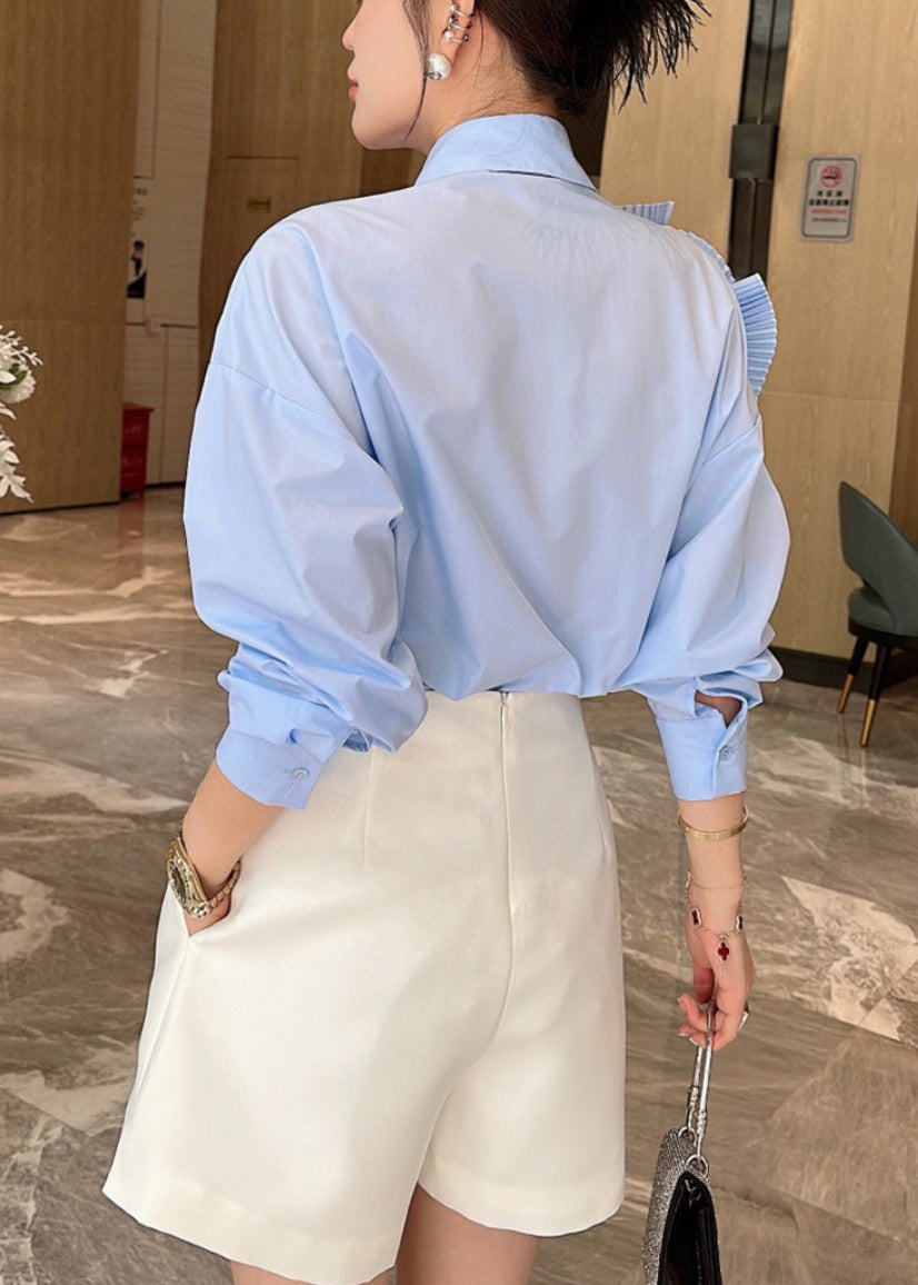 Blue Peter Pan Collar Button Cotton Shirts Long Sleeve