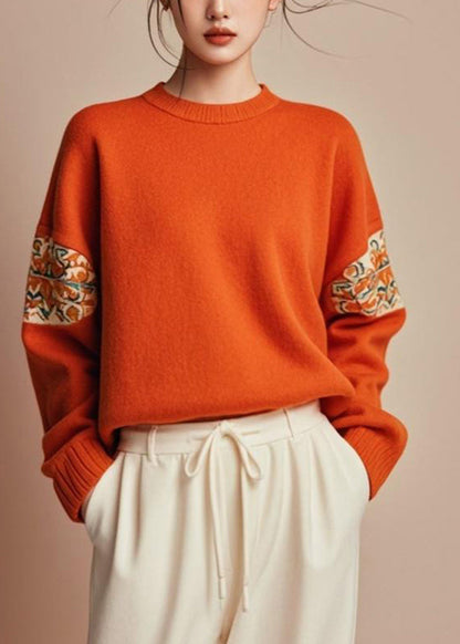Fine Orange O-neck Cozy Cotton Fall Knit Sweater