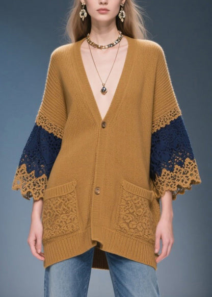 Classy Coffee Oversized Patchwork Lace Knit Coats Fall