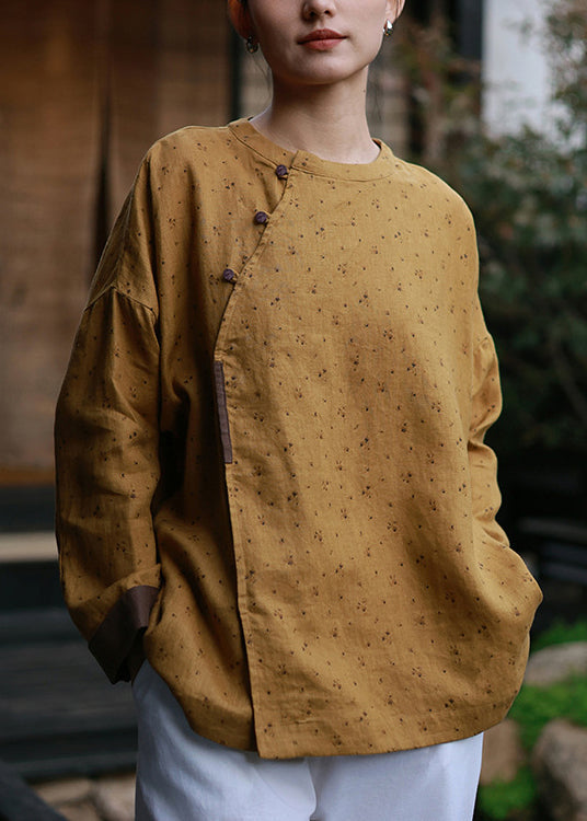 Retro Yellow O-neck Print Loose Linen Shirts Spring
