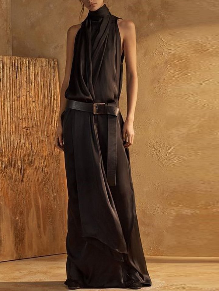 Blue Plain High Neck Sleeveless Loose Maxi Tank Dress