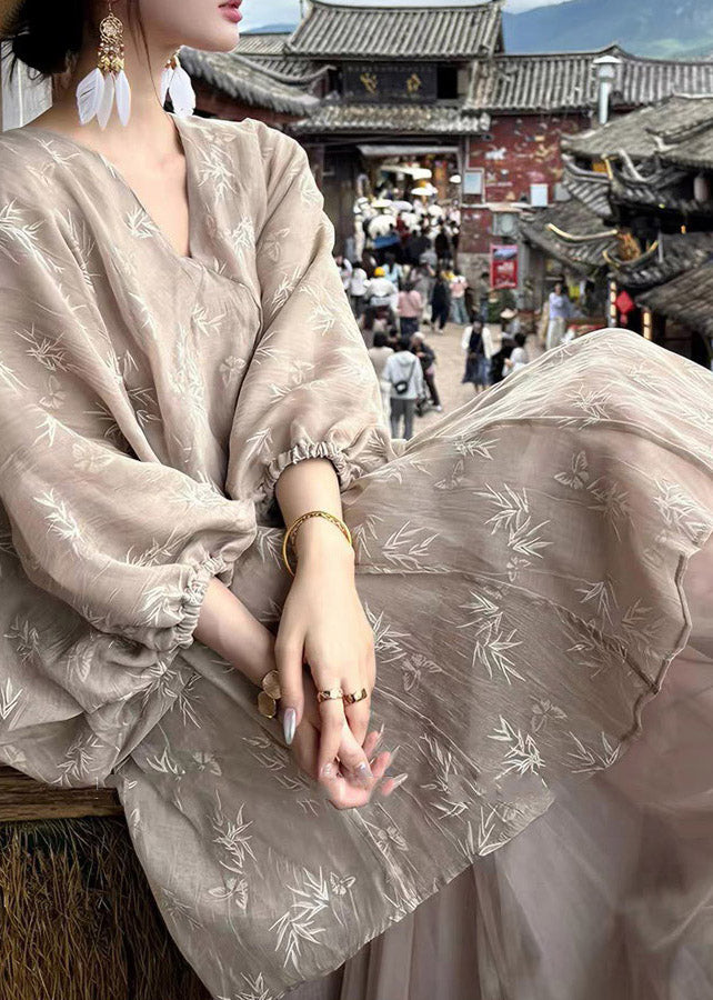 Chinese Style V Neck Print Maxi Dresses Lantern Sleeve
