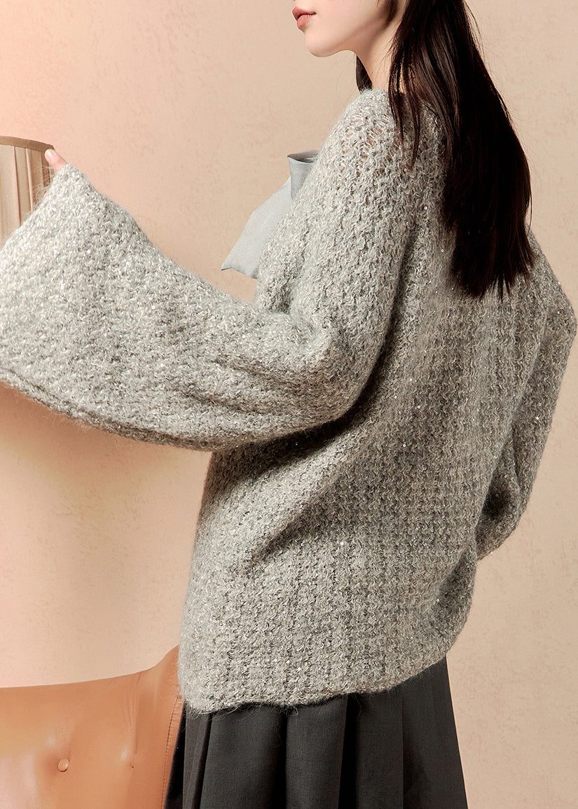 Loose Grey Lace Up Knit Sweaters Flare Sleeve
