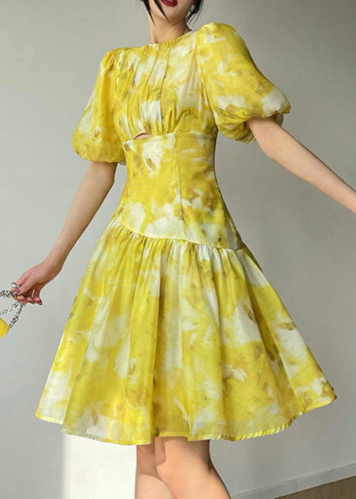 Yellow O Neck Print High Waist Dress Summer